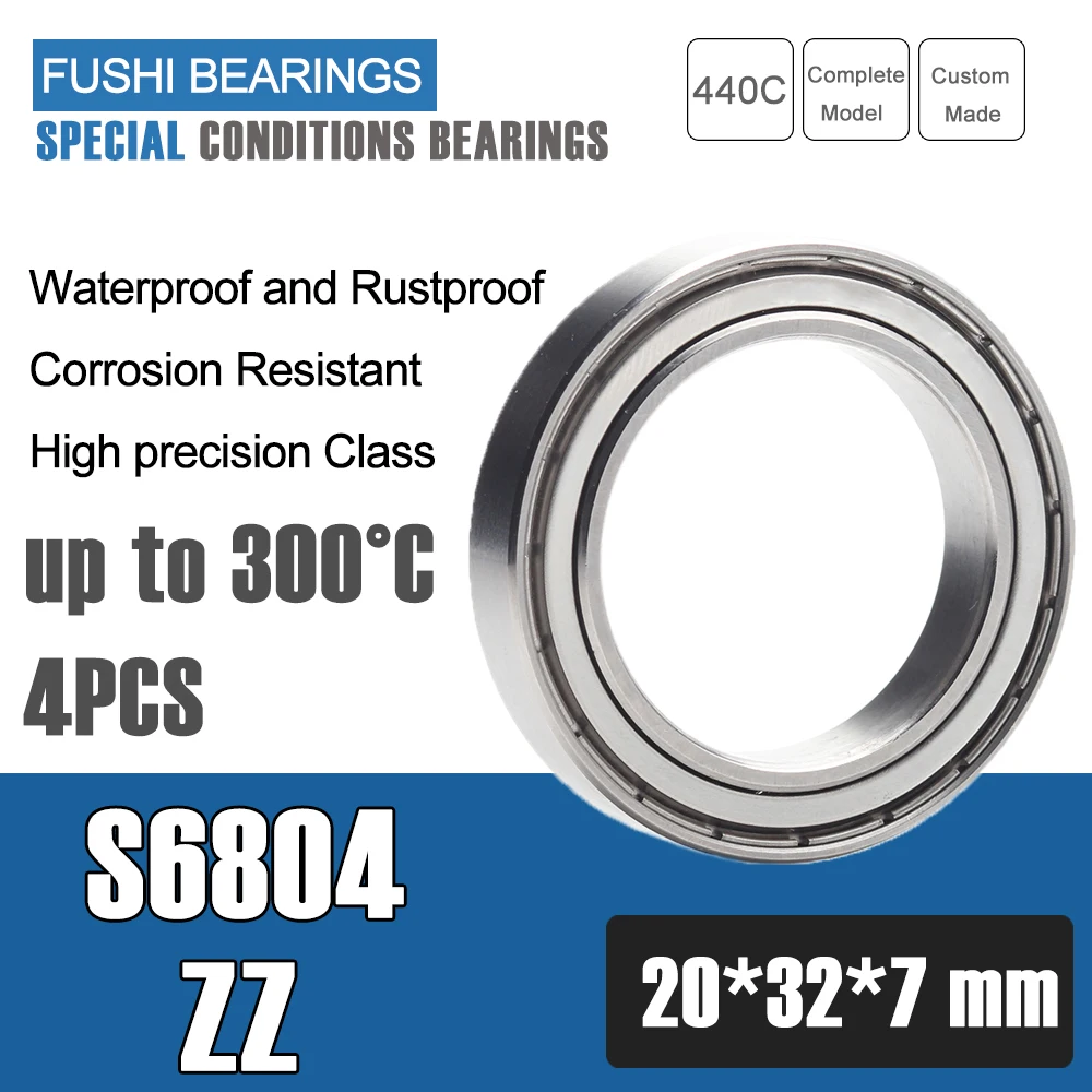 S6804ZZ Bearing 20x32x7mm 440C Stainless Steel S6804-2ZZ Stainless Steel Ball Bearings ABEC-5 Double Shield Sealed Pick of 4PC