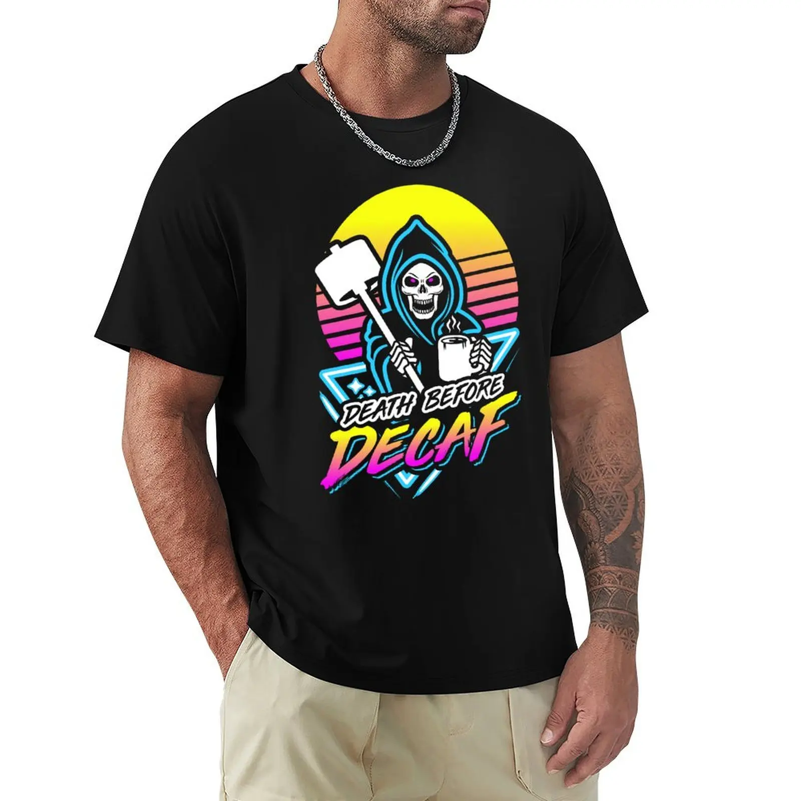 Death Before Decaf (Gym Reaper) Retro Neon Synthwave 80s 90s T-Shirt Fashion Print Casual Short Sleeve