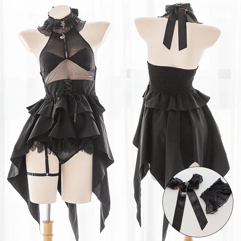 Disfraz de Demon para mujer, lencería Sexy de encaje negro de Lolita gótica, vestido asimétrico sin espalda, lindo Anime malvado para boda