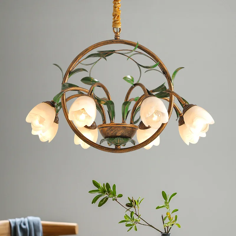 Nordic Scandinavian Style Room Apartment Decoration Chandelier Floral Wedding Pastoral Green Leaf Flower Glass Led Pendent Lamp