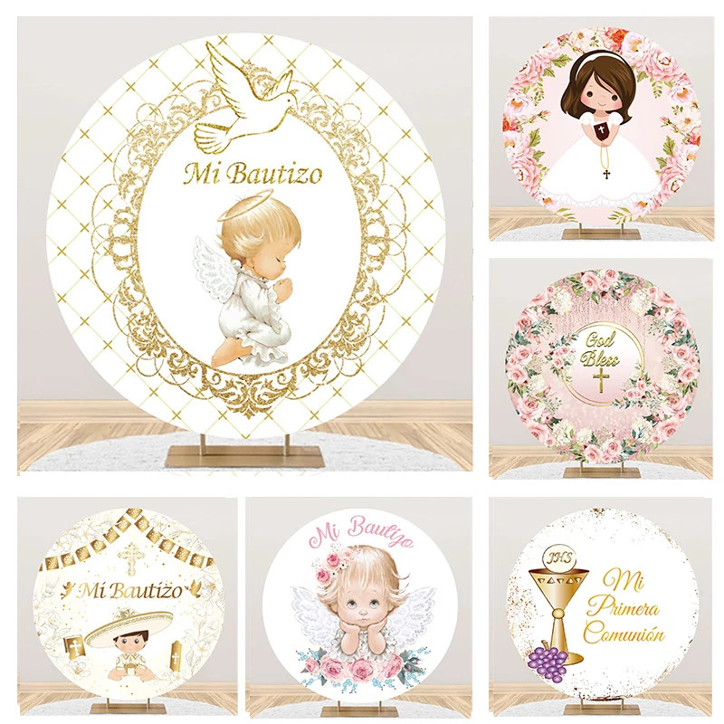 

Laeacco Kids Baptism Round Photo Background Pink Flower Angel Baby Birthday Communion Portrait Customized Photography Backdrop