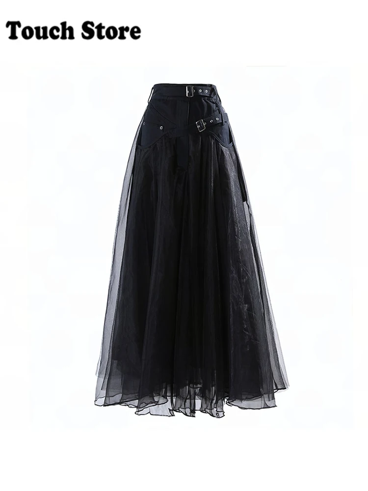 Women Harajuku Y2k Cyber Punk Midi Skirt Shoujo Girl 2000s Aesthetic Mesh Patchwork Design Dark Academia Goth Goblin Core Grunge