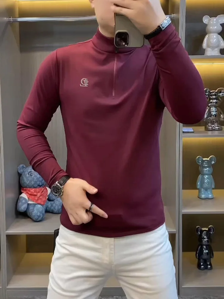 

2025 New Faion High Collar f Zip Men's T-irt Long Sve Slim Fit Base Layer Top Elastic Versatile Base irt T