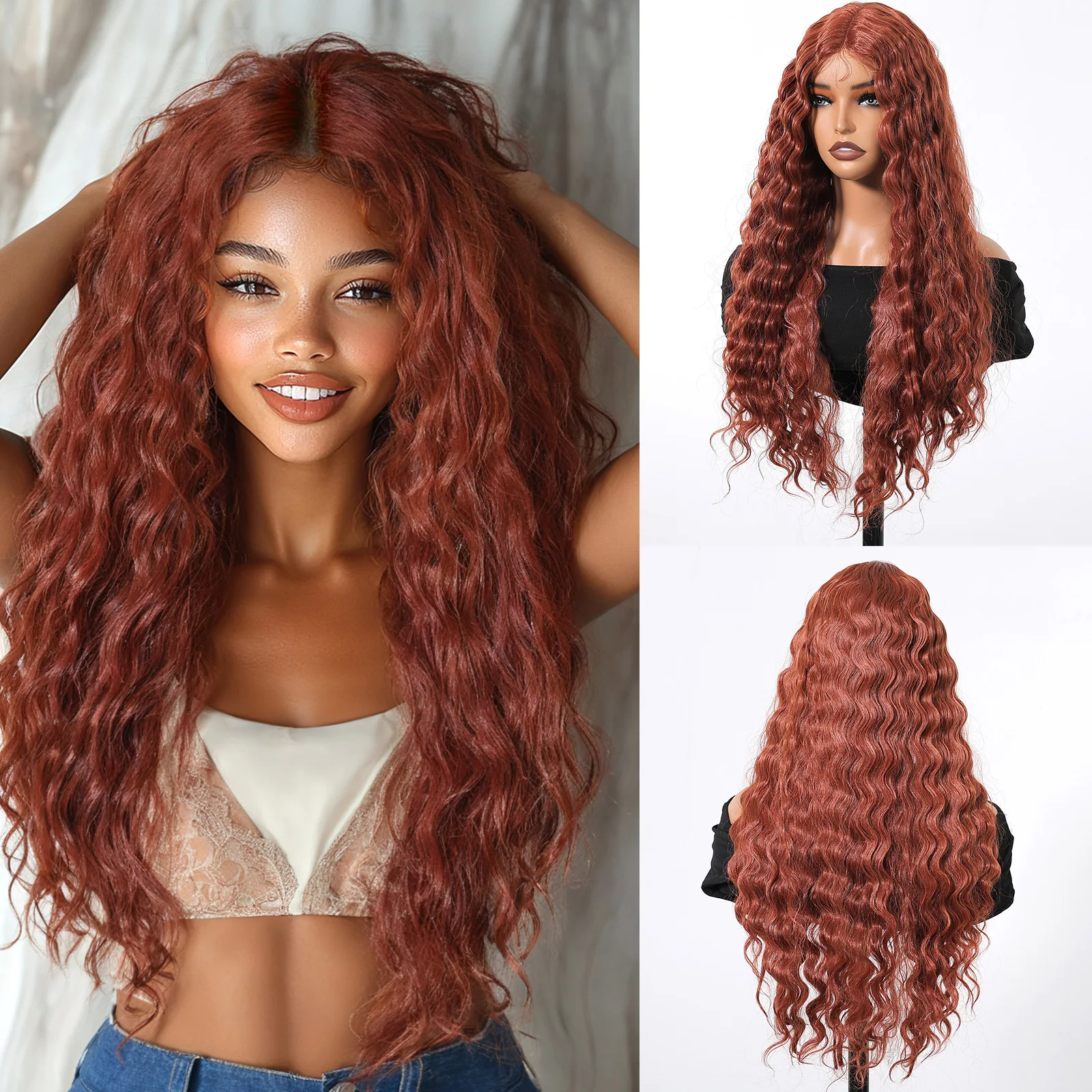 

EASIHAIR Long Wavy Red Brown Synthetic Wigs for Women 13*1 T Part Lace Front Wigs Ginger Copper Wavy Hair Wigs Heat Resistant