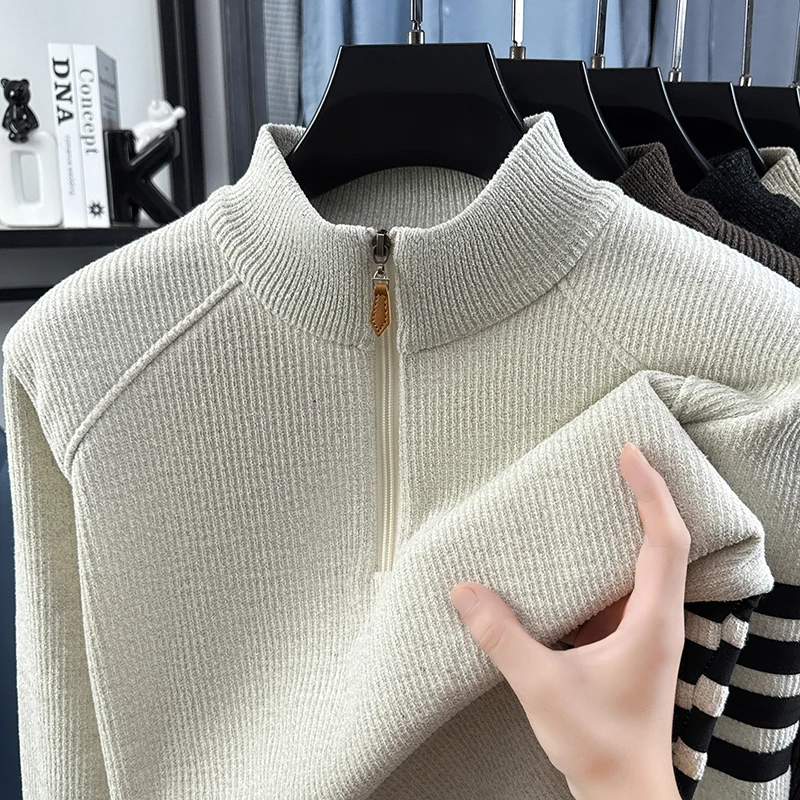Fashion High-Quality Half Zip Collar Sweater Men's Designer Brand Classic Striped Casual Autumn Winter Comfort Knitted Pullover