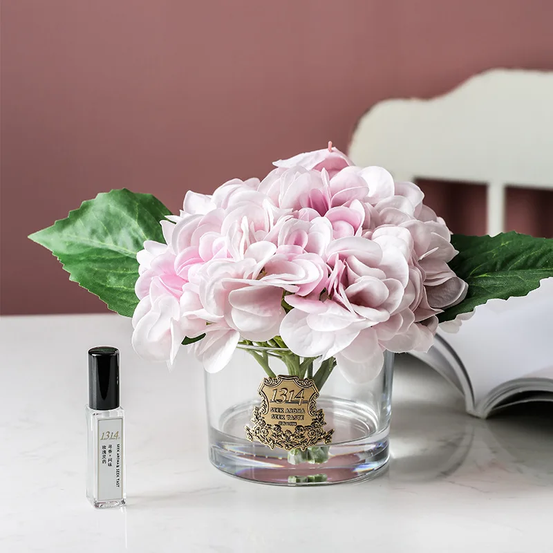 Silk Hydrangea Artificial Flowers in Vase with Faux Water,Silk Flower Arrangements in Vase for Wedding,Dining Table,Living Room