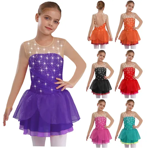 Imagen 1 del producto Traje de patinaje artístico para niñas, vestido sin espalda de baile de Ballet lírico para danza moderna, gimnasia, acrobacias, ropa puesta en escena
