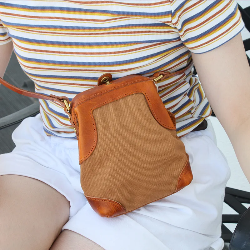 High-quality Vegetable-tanned Cowhide Shell Bag Retro British Literary Style Golden Mouth Bag Leisure And Fashion Messenger Bag