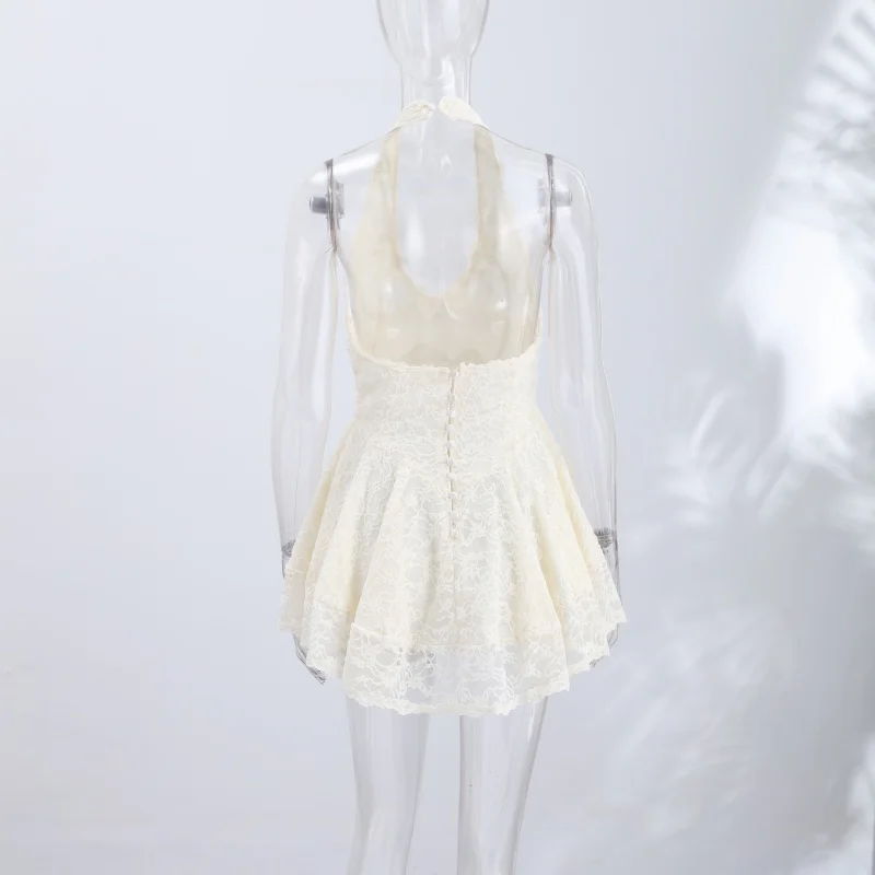 V-Ausschnitt Neckholder Spitzen-Minikleid Damen Mode Tailliertes A-Linien-Kleid Rückenfreies Ärmelloses Kurzes Vestido Sommer Damenkleider – Detail 4