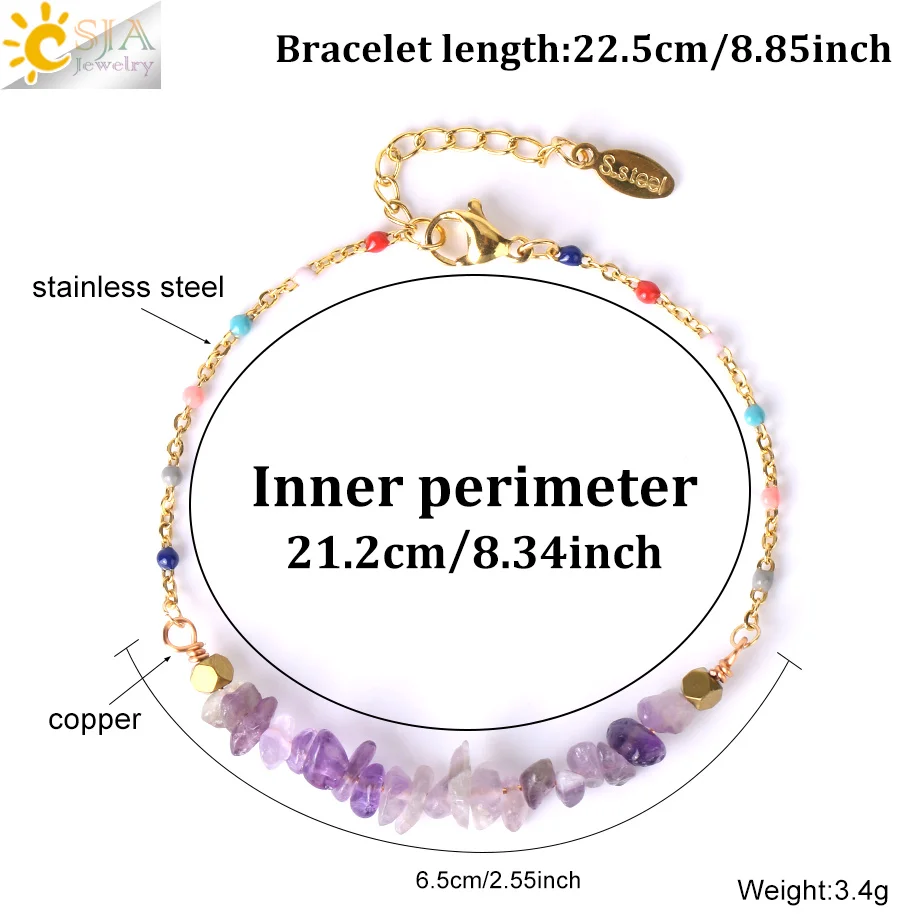 CSJA 7 Chakra Natural Stone Crystal Bracelet for Women Stainless Steel Link Chain Amethysts Chip Crystal Bracelets Jewelry H016