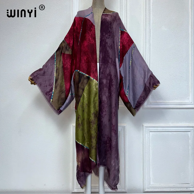 WINYI summer kimono beach wear women 2024 Africa dress bikini cover up Cardigan Geometric print abayas dubai luxury muslim dress