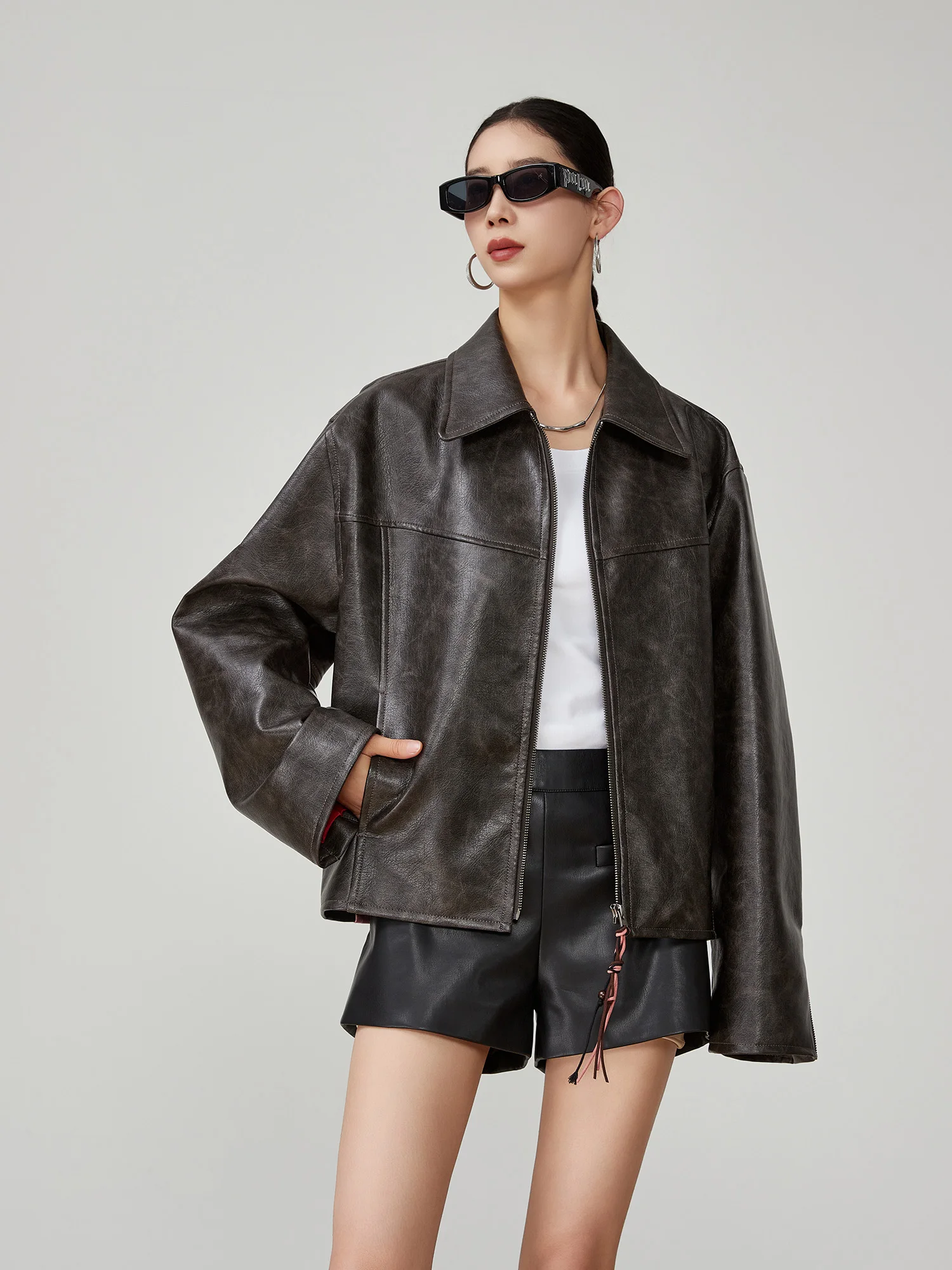 Retro Waed motorfiets leren jas dames vroege lente nieuwe Sle patchwork borduurwerk rits top losse pasvorm polyester...