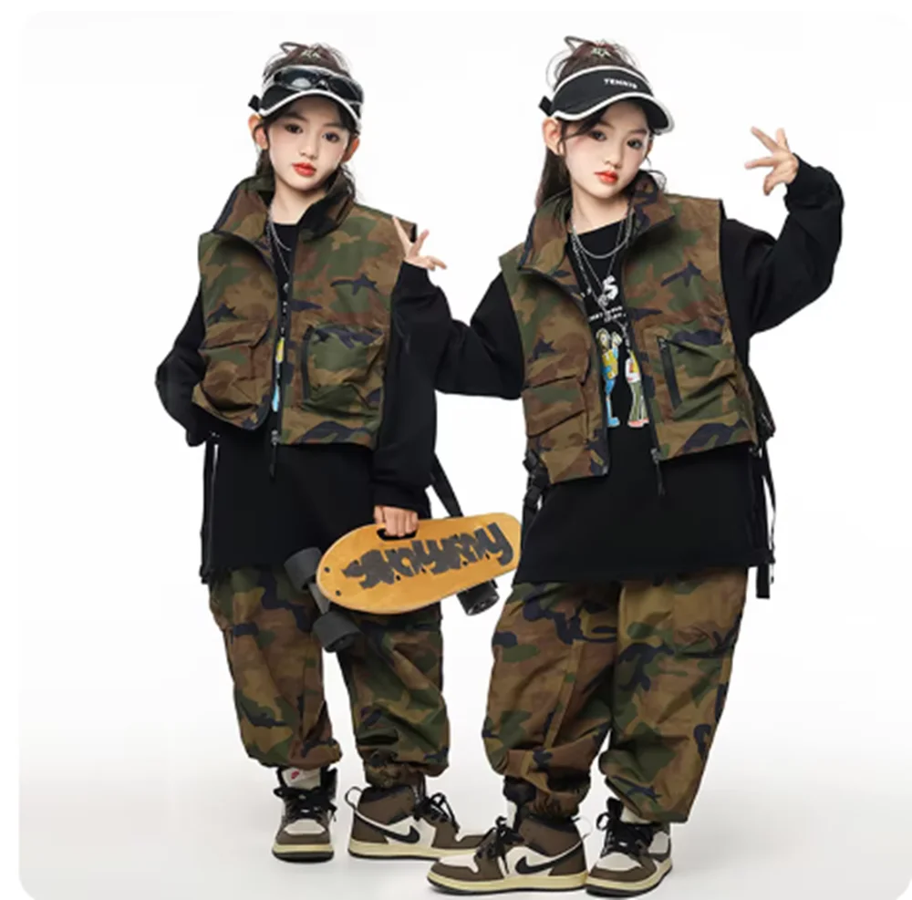 2025 쿨 키즈 스트리트 댄스 의상 소녀 K팝 힙합 패션 의류 재즈 댄스 무대 의상 카모플라주 조끼 카고 팬츠