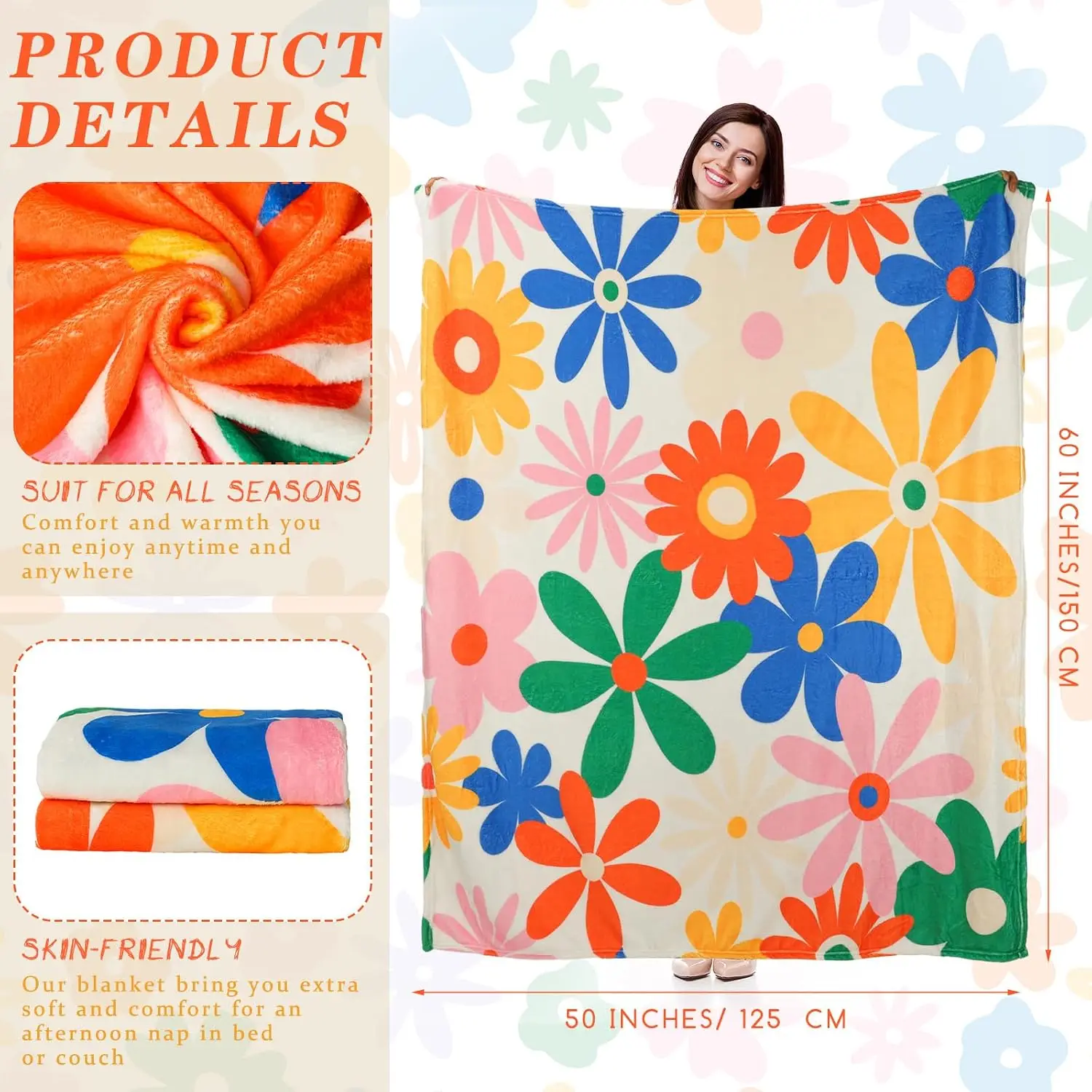 Off-white Background Colorful Simple Daisy Floral Print Warm Blanket For Bedroom Sofa Camping Home Leisure Daily Household Use