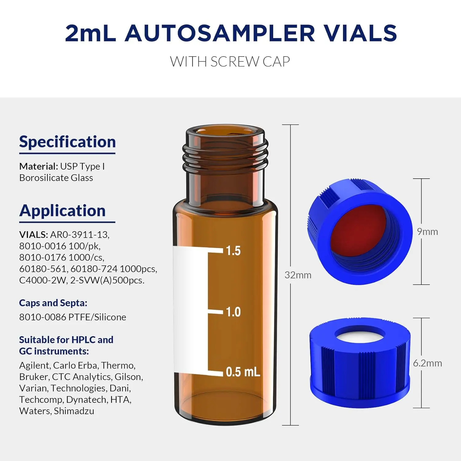 2mL Autosampler Vials with Writing Area and Graduations, 9-425 HPLC, Screw Cap, Red PTFE & White Silicone Septa, 100Pcs/Pack