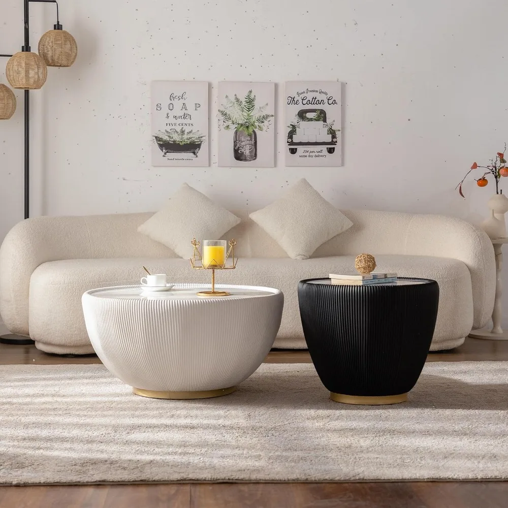 Tavolino da caffè moderno a forma di tamburo con piano in pietra sinterizzata e lato scanalato in pelle PU da 19,7 pollici