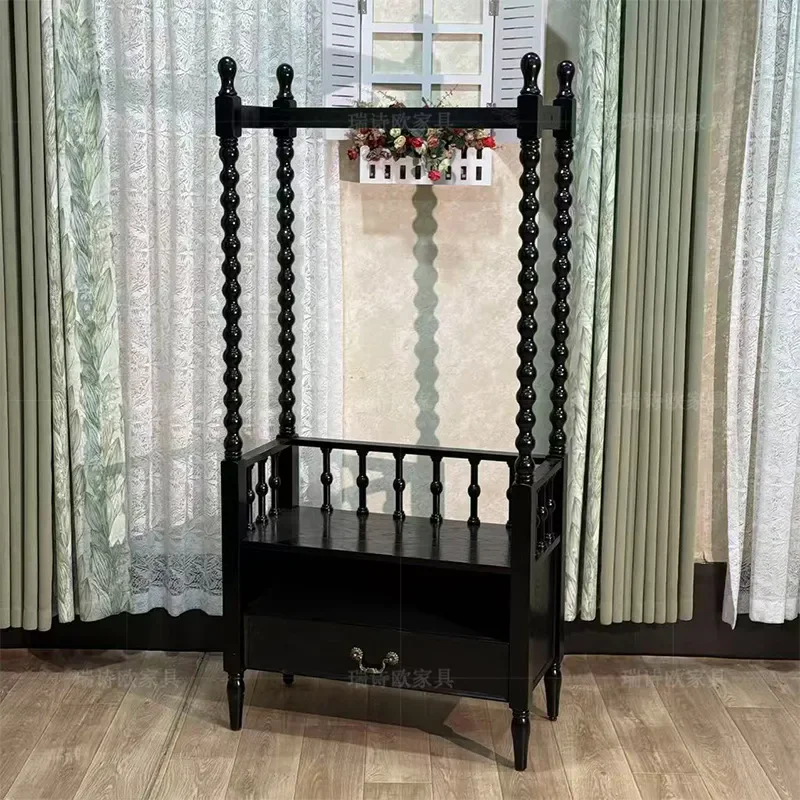 Medieval Black Solid Wood Coat Rack Floor Standing Hanger for Bedroom Bedside Clothes Storage