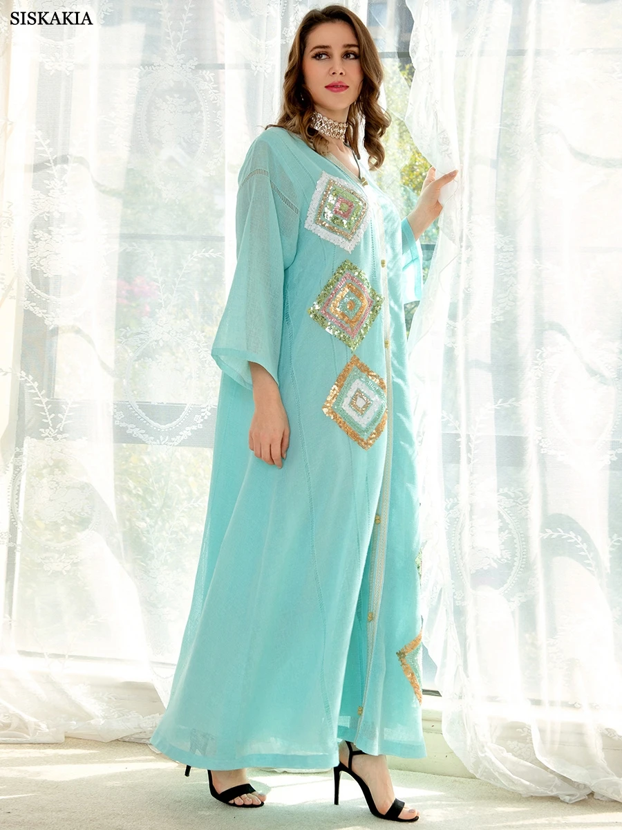 Cotone canapa paillettes ricama abito Abaya per le donne modesto arabo musulmano caftano marocchino Dubai Robe Corban Eid al Adha Gown 2023