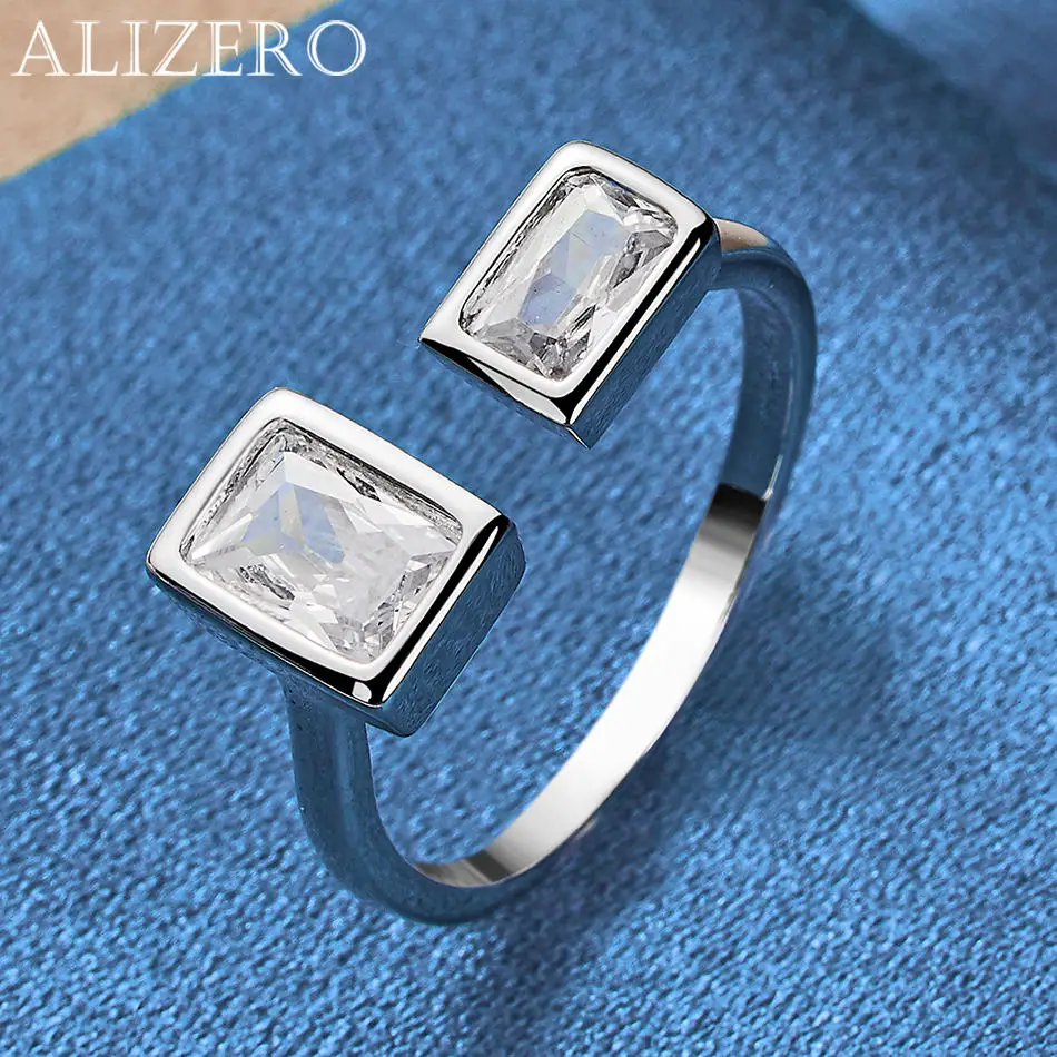 

ALIZERO 925 Sterling Silver Rings Rectangle Crystal Zircon Ring For Women Engagement Rings Eternity Ring Adjustable Ring Jewelry