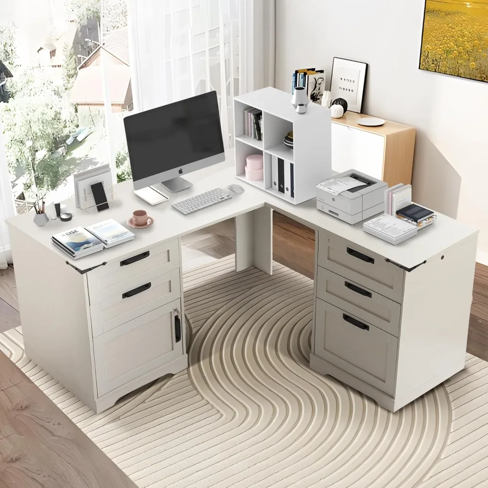 

Г-образный стол для руководителя с розетками, 60-дюймовый деревянный компьютерный стол для домашнего офиса с 5 ящиками и регулируемым замком для хранения Ch