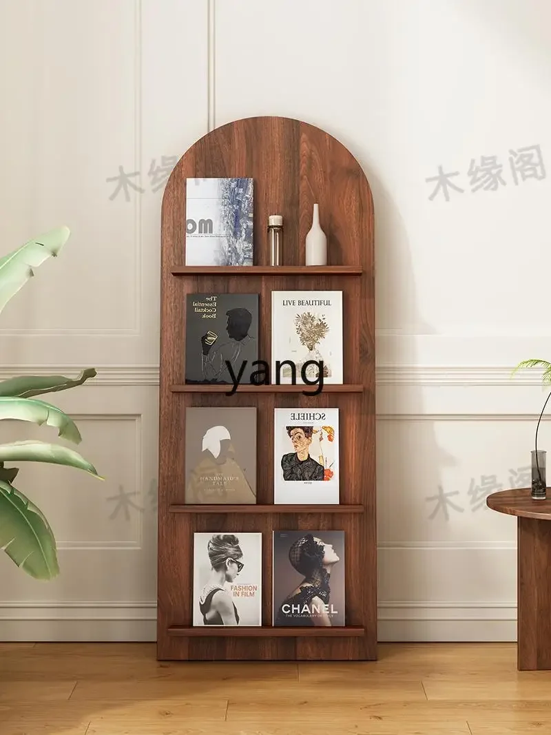 LH magazine display stand against the wall, retro black walnut arched multi-layer storage floor-to-ceiling promotional stand