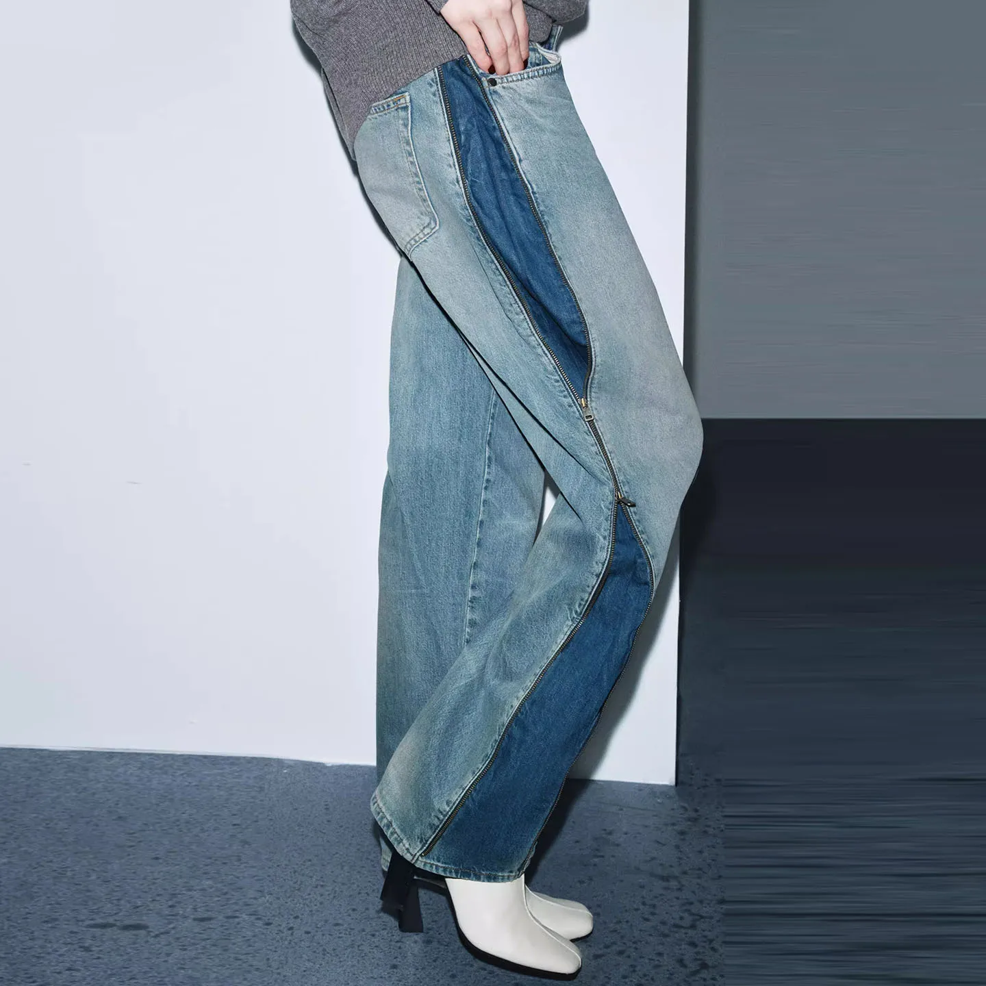 Z بنطال جينز نسائي متعدد الاستخدامات وسحاب متوسط الخصر أنيق وموقت Sle للسيدات من قماش الدنيم الفاخر مناسب