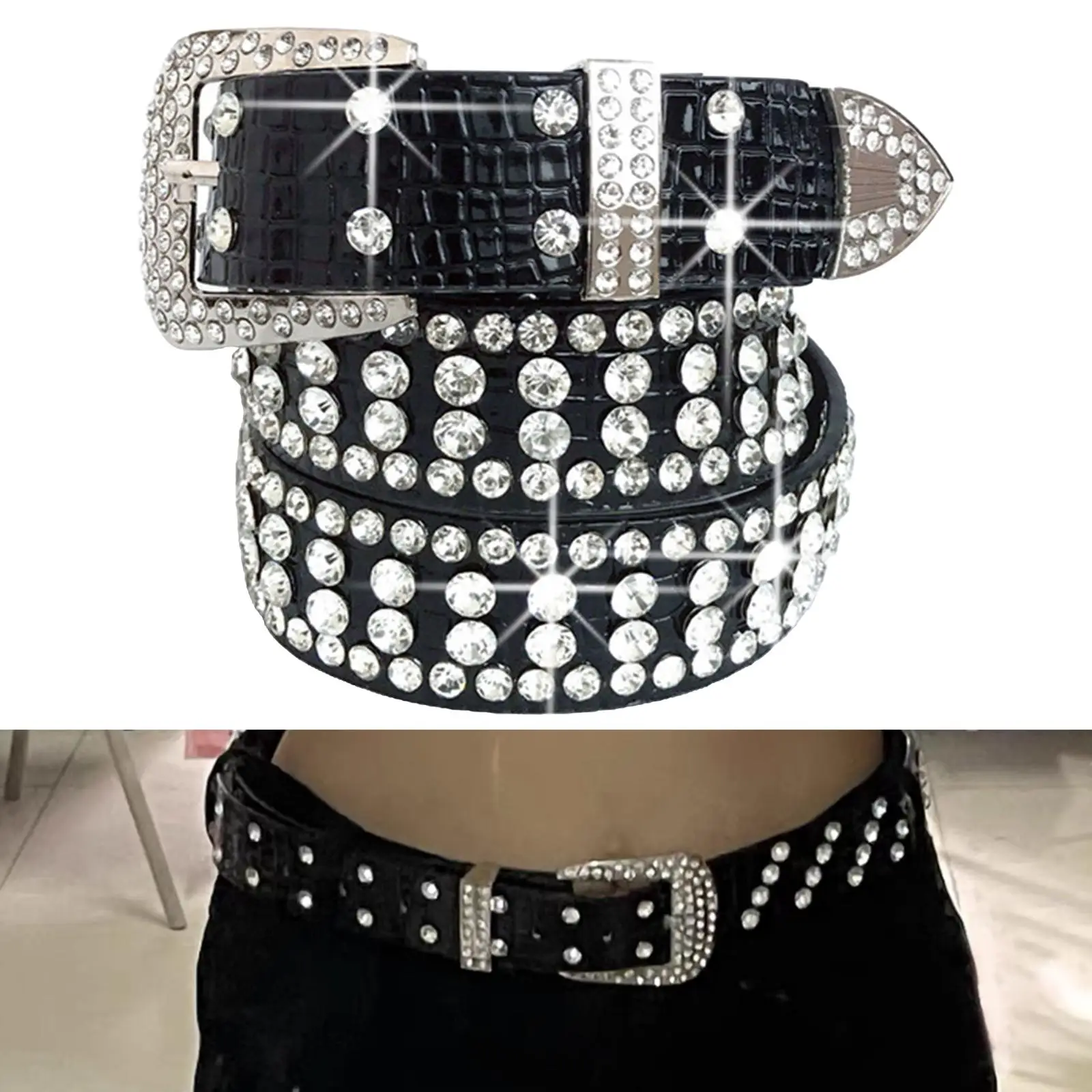 

Women Punk Belt Double Grommet Leather Jeans Waist Strap White , 110cm