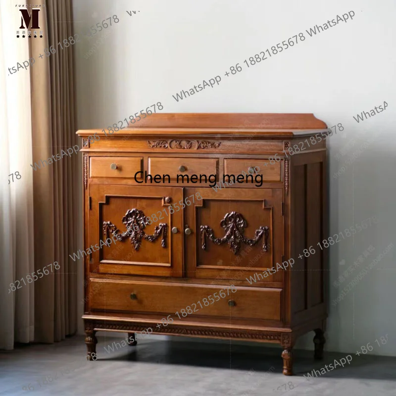 

French Retro Solid Wood Carved Sideboard Vintage Entryway Cabinet Bedroom Storage Cabinet Custom