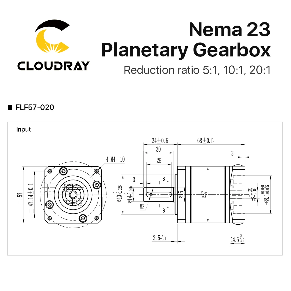 Cloudray Nema 23 Planetary Gearbox Motor Speed Reducer with Ratio 5:1, 10:1, 20:1, 8mm Input for Nema23 Stepper Motor