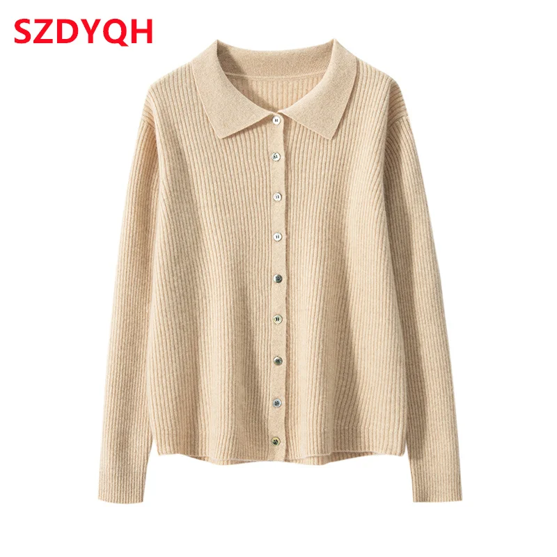 Hot Sale Autumn Winter Women 100% Cashmere Sweater Female Solid Knitted Cardigans New Turn-down Collar Loose Jacket Women Tops