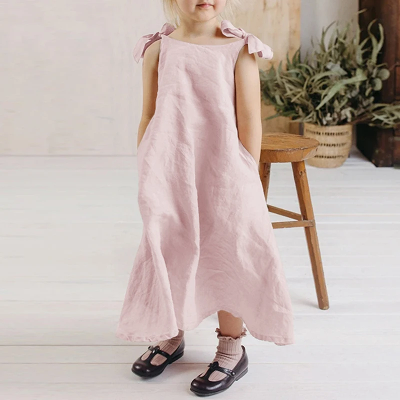 Girls Linen Adjustable Ribbon Dress Summer New Children\'s Casual Loose Cotton And Linen Lovely Pink Dresses With Pockets TZ273