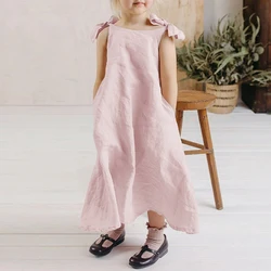 Girls Linen Adjustable Ribbon Dress Summer New Children's Casual Loose Cotton And Linen Lovely Pink Dresses With Pockets TZ273