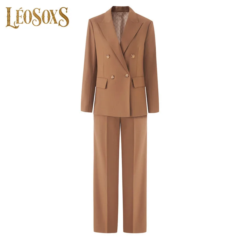 

LEOSOXS Women Two Piece Suit Sets For Women Lapel Long Sleeves Spliced Double Breasted Blazer Wide Leg Suit Pant Set Female New