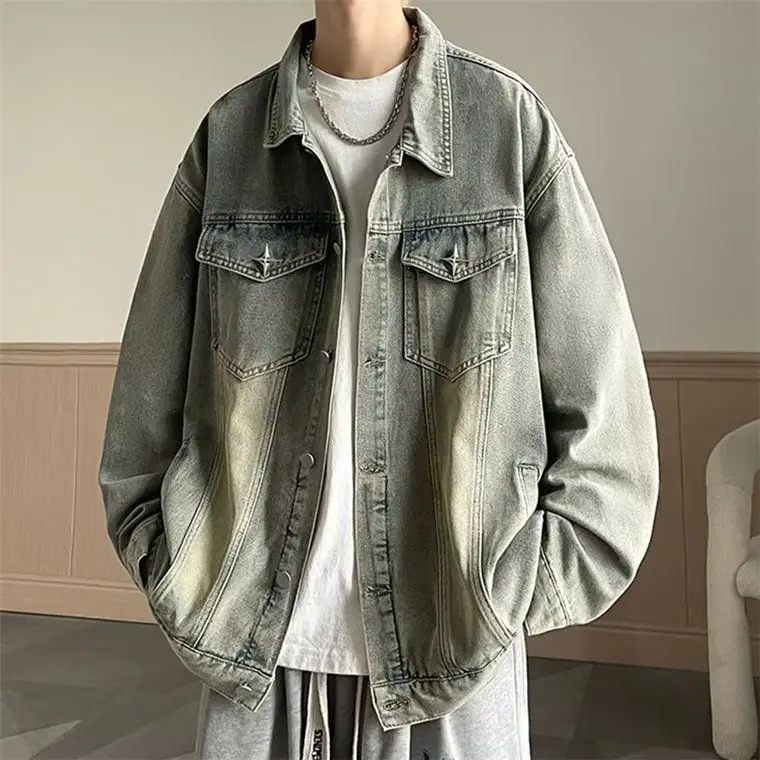 

Мужская джинсовая куртка в стиле ретро, модная, осенне-весенняя, с отложным воротником, в рабочем стиле, универсальный модный дизайн, повседневная, с прямым подолом