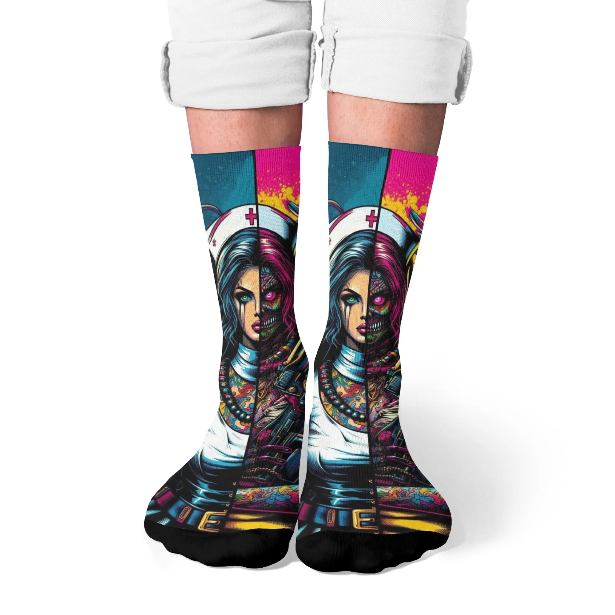 Двусторонние носки для медсестры и черепа в стиле киберпанк, уличная одежда, дышащие, мягкие, теплые, идеально подходят для сумасшедшего подарка, повседневная одежда