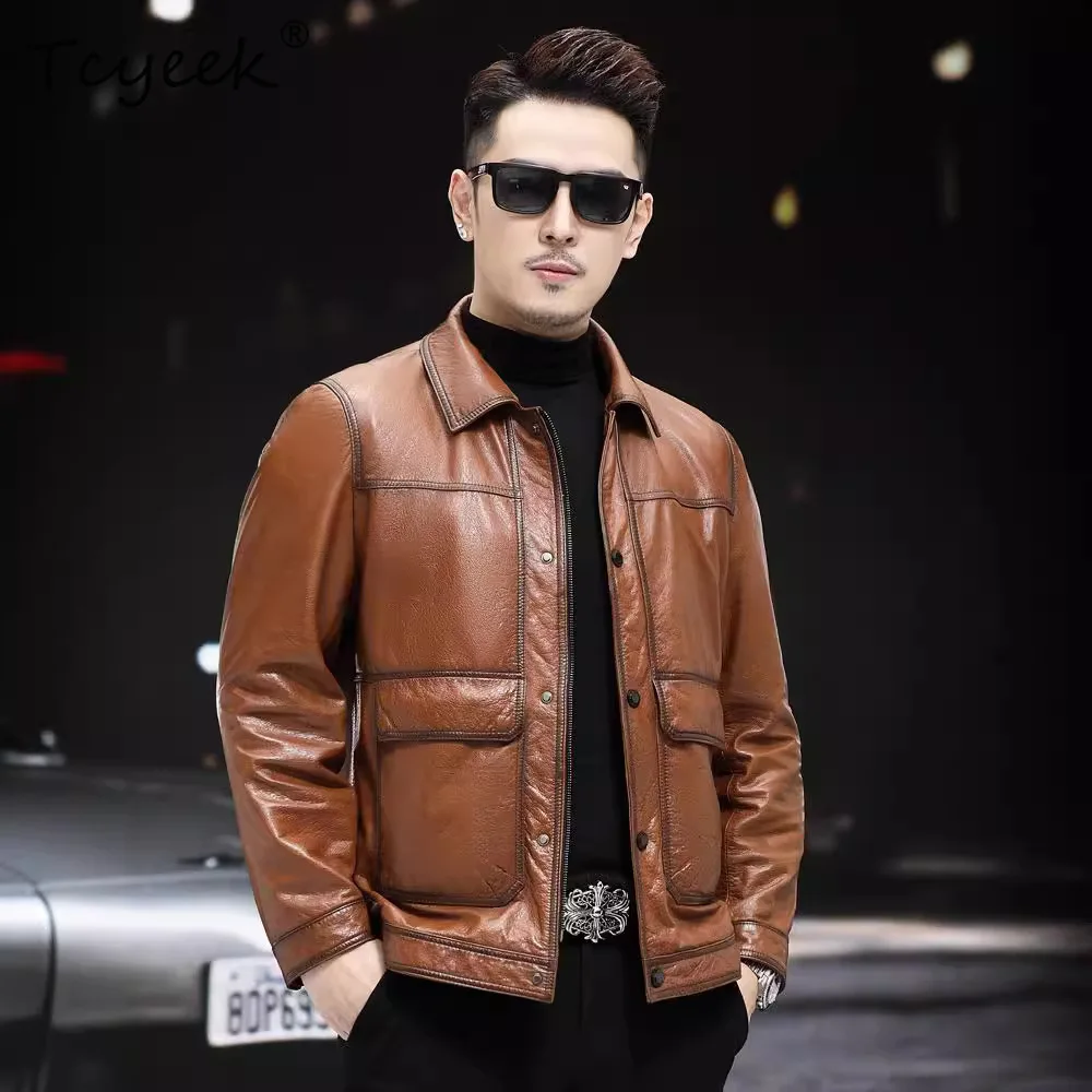 

Tcyeek Real Leather Jacket Men Oil Wax Cowhide Coats Spring Autumn Clothes Business Casual Mens Coat Trendy Jaqueta De Couro