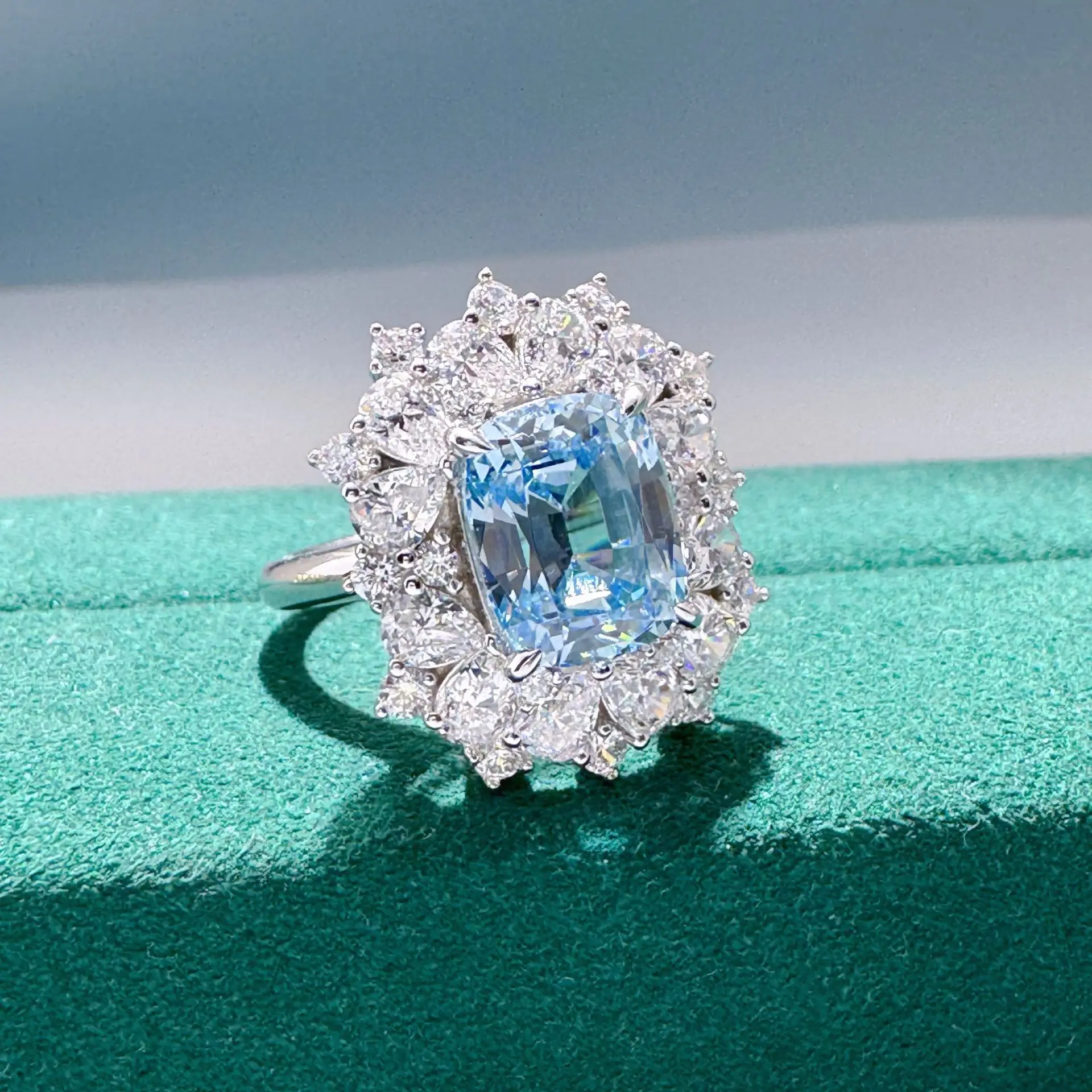 

Aquamarine 4 Carat Moissanite PT950 Platinum Ring Women - Dazzling 4ct, Lively Aquamarine, Pure PT950 for Her Presence
