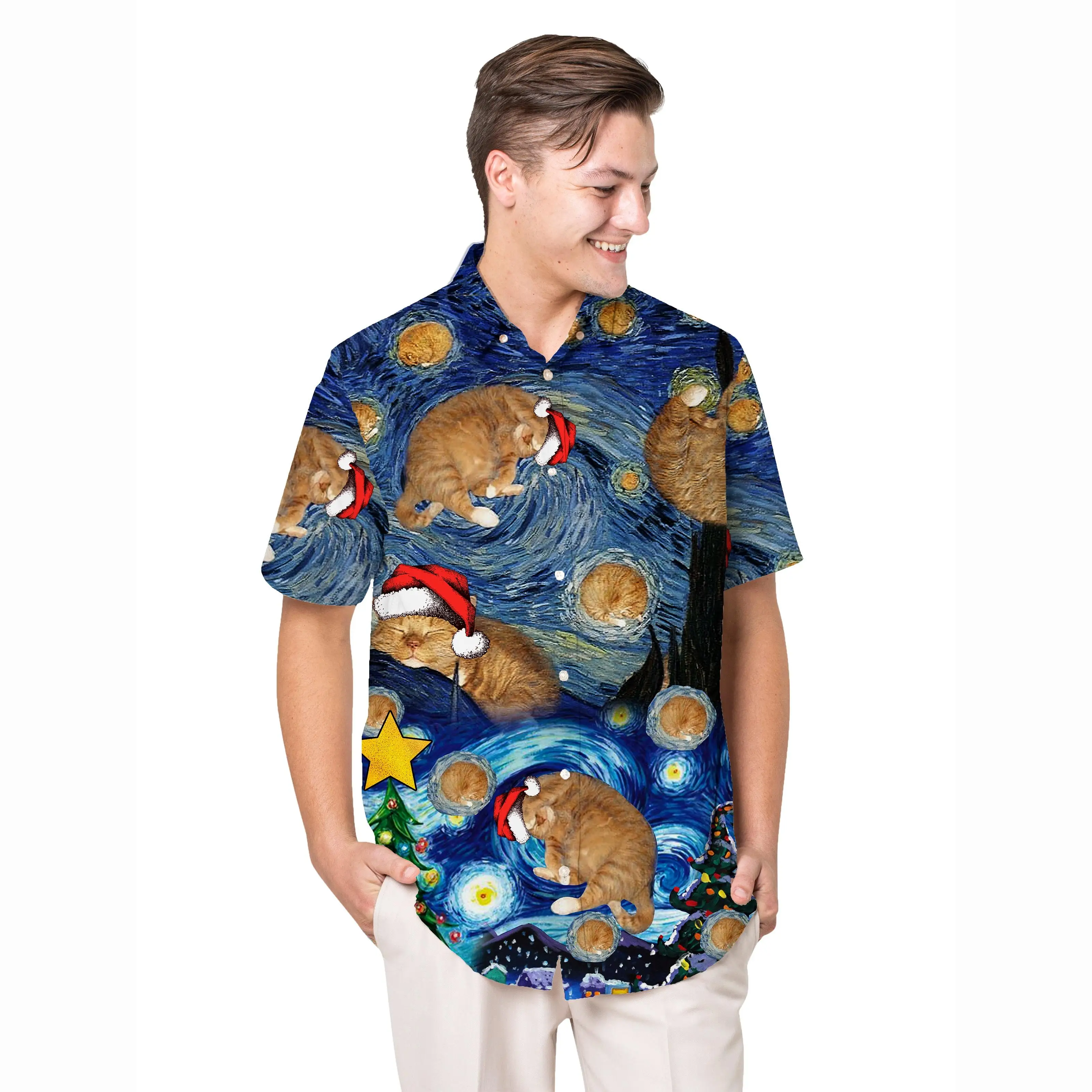 

Jumeast Van Gogh Style Short Sleeve Hawaiian Shirt Starry Cat Graphics Polyester Aloha Shirts Tropical Baggy Casual Man Clothing