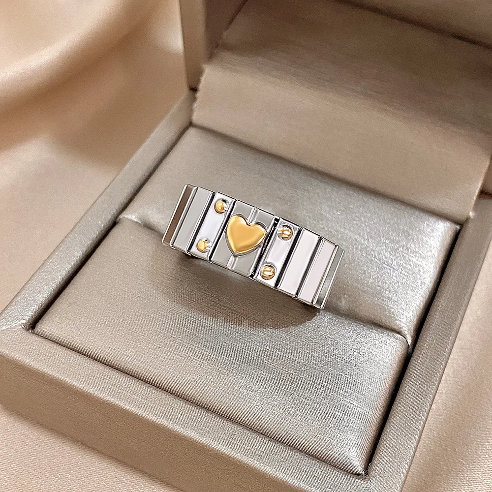Vintage Gold Color Heart Rings for Women Romantic Stainless Steel Adjustable Elastic Watchband Finger Ring Mother's Day Gifts