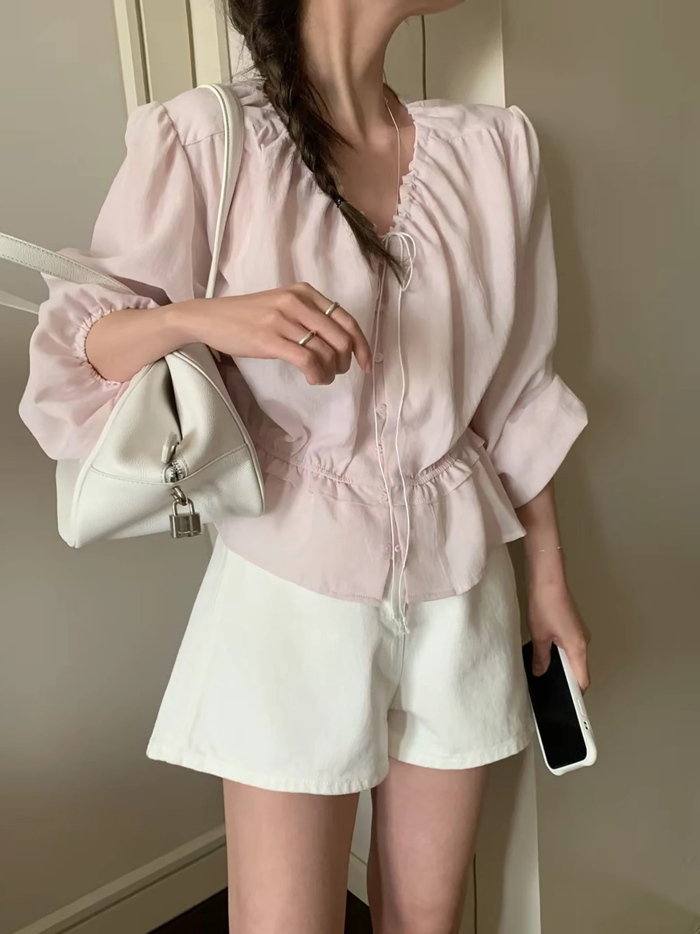 

Dongda Gate Versatile Long Sve V-Ne Women's irt Bow Tie Pleated Sli Pink Top Faionable Casual Busin Wear