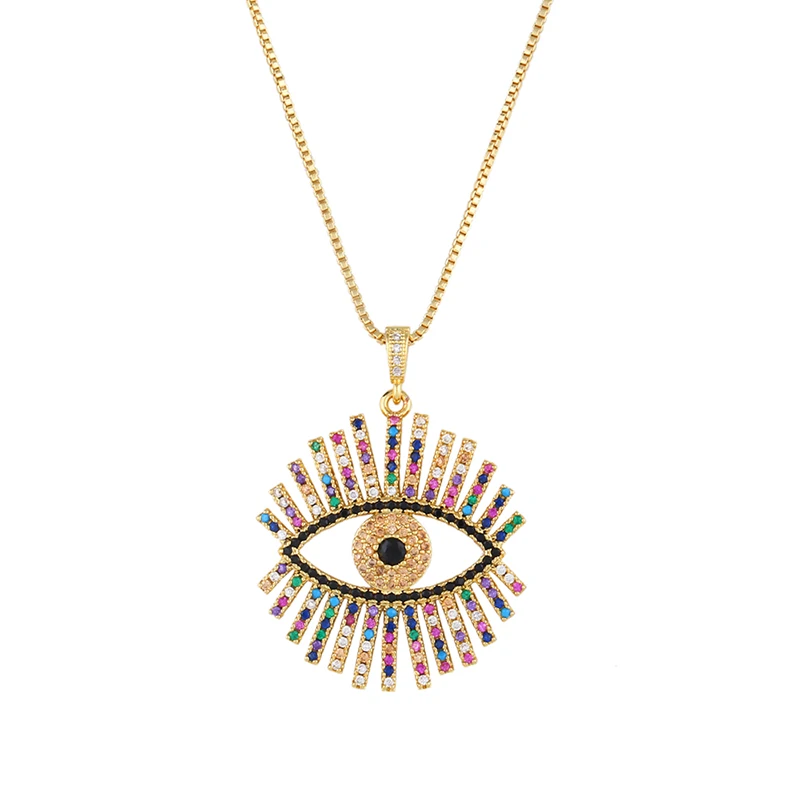 FLOLA Gold Plated Greek Eye Necklace For Woman Zirconia Evil Eye Pendant Necklace CZ Rainbow Jewelry collar de ojo turco nkep47
