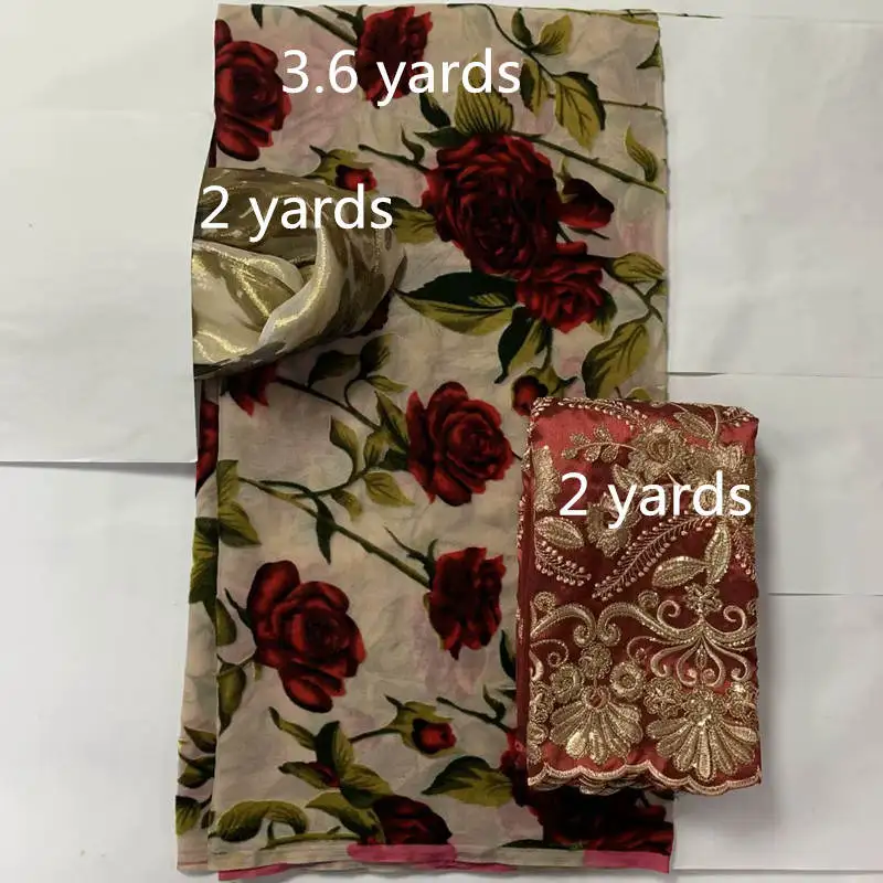 2+3.6+2Yards/Set Silk Fabric 2023 High Quality Embroidery Gold Line Printing Velvet Silk Fabric For Sewing Textile Material.828