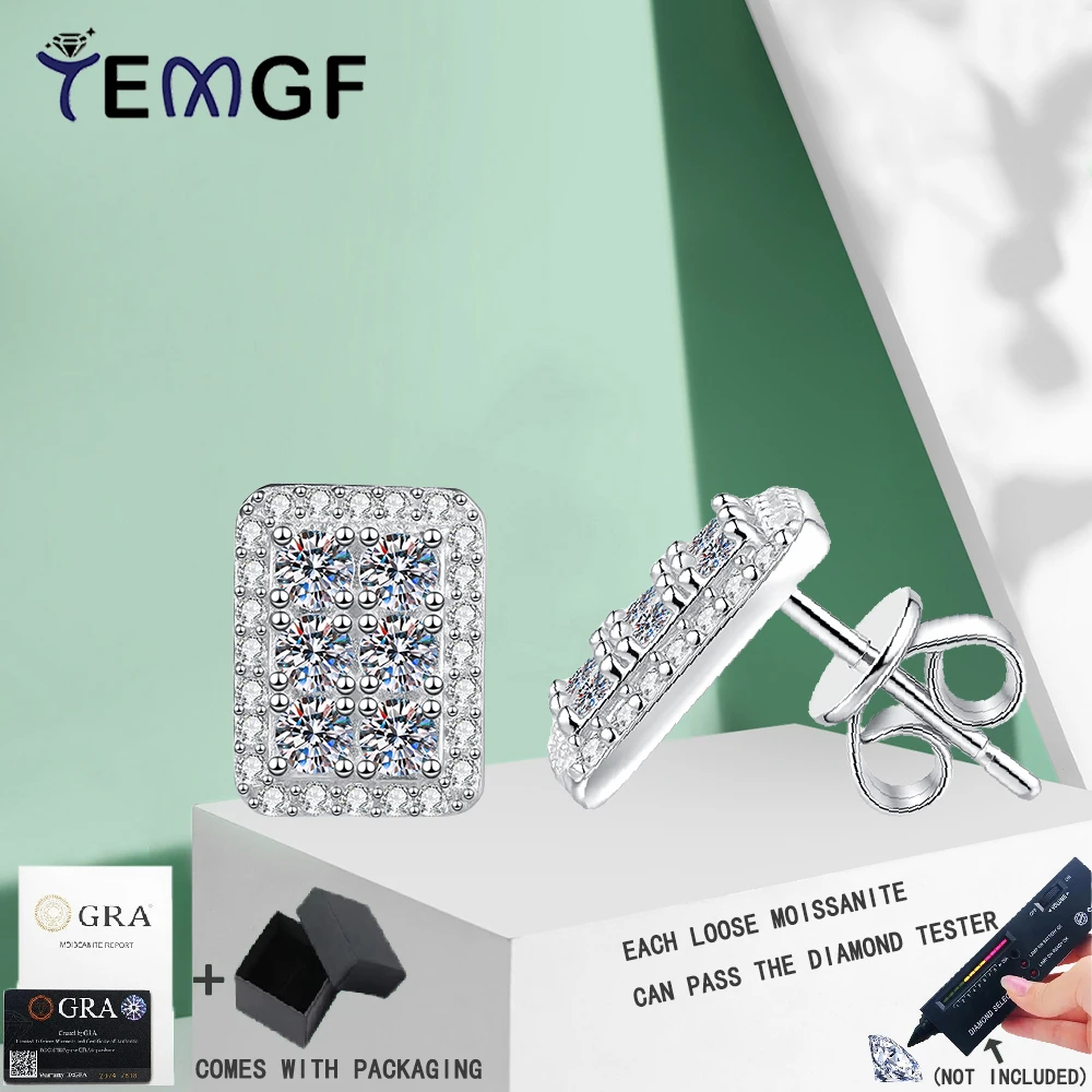 

TEMGF Full Moissanite Earrings 925 Sterling Silver Sparkling Square for Women Fine Jewelry Commuting Fashion Items GRA Certified