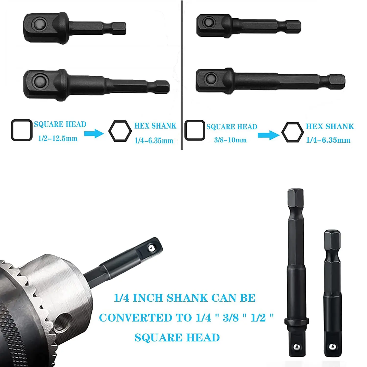 O adaptador do soquete do impacto com encanta a haste, bocados de broca, preto, quadrado, 1,4 ", 3,8", 1,2 ", preto, 8 PCes