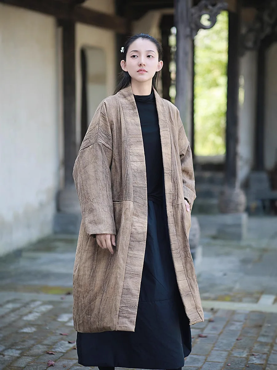 TIYIHAILEY 女性長袖ロング膝丈厚手のアウターウェア V ネックカーディガンジャケットラミーブルーグレー中国風暖かいコート