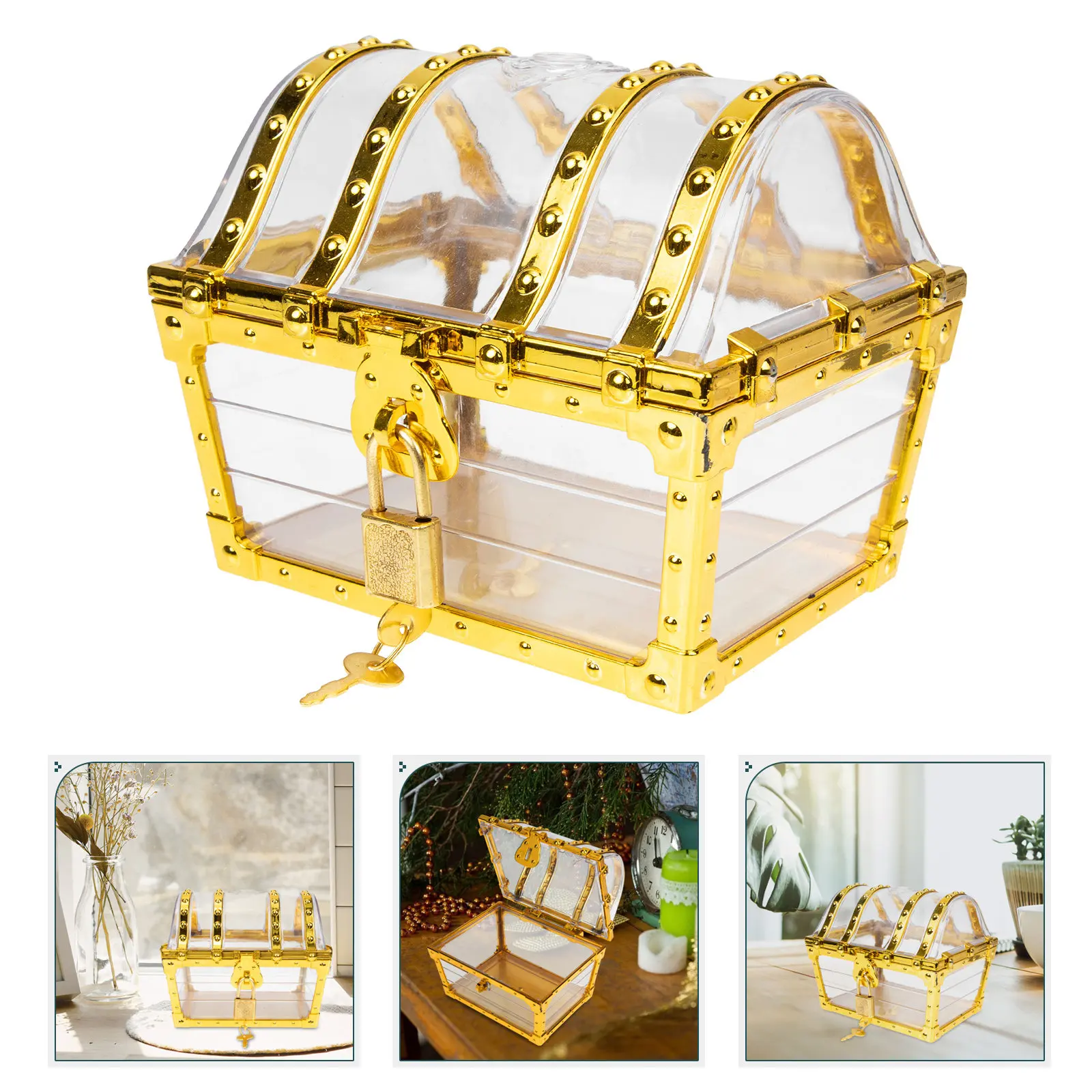 

Vintage Small Pirate Chest Plastic Treasure Box Clear Jewelry Organizer Keepsake Storage Box for Desk Home Travel Decorative