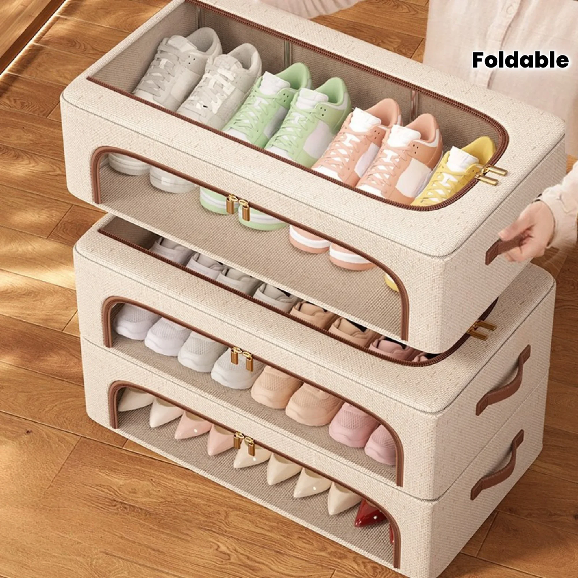 1pc Foldable Double Window Shoe Cabinet- Stackable Underbed Storage, Retro Style, Suitable for Sports Shoes, High Heels