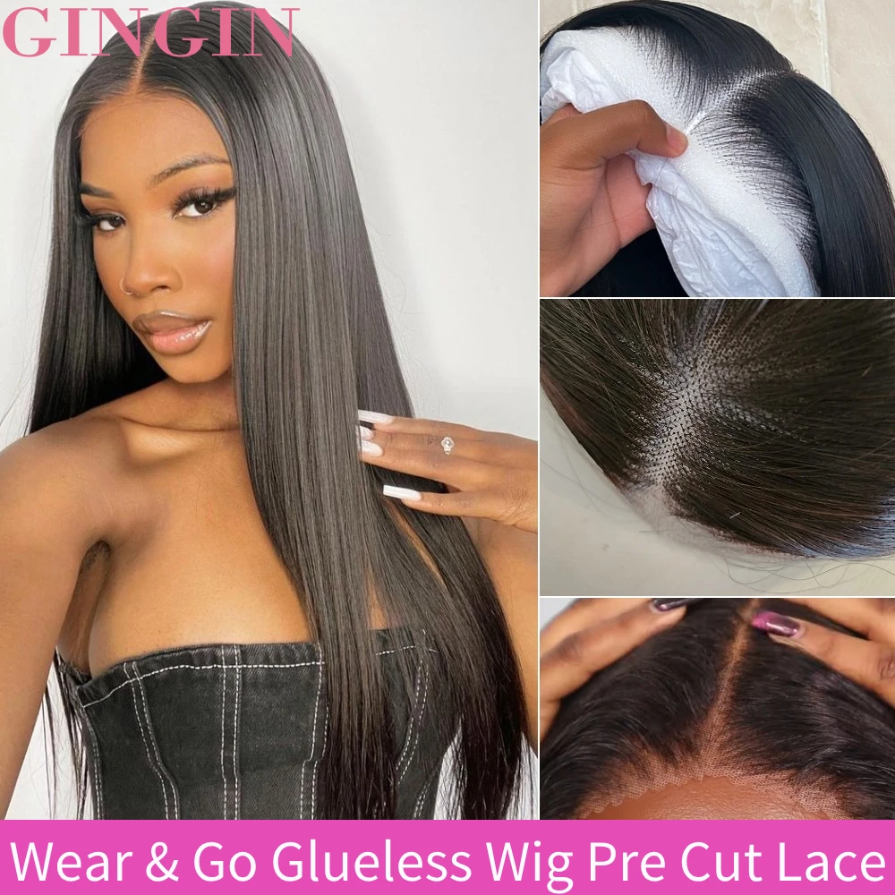 GINGIN Straight Glueless Wig Human Hair Ready To Wear Pre Plucked Pre Cut Lace Closure Wig Without Glue And Gel Brazilian Wig