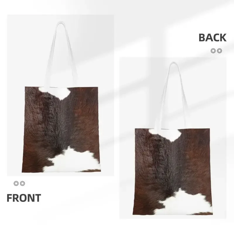 Modern Cowhide Faux Leather Detail Shopping Bag Printing Canvas Shoulder Tote Bag Animal Hide Leather Groceries Shopper Bags