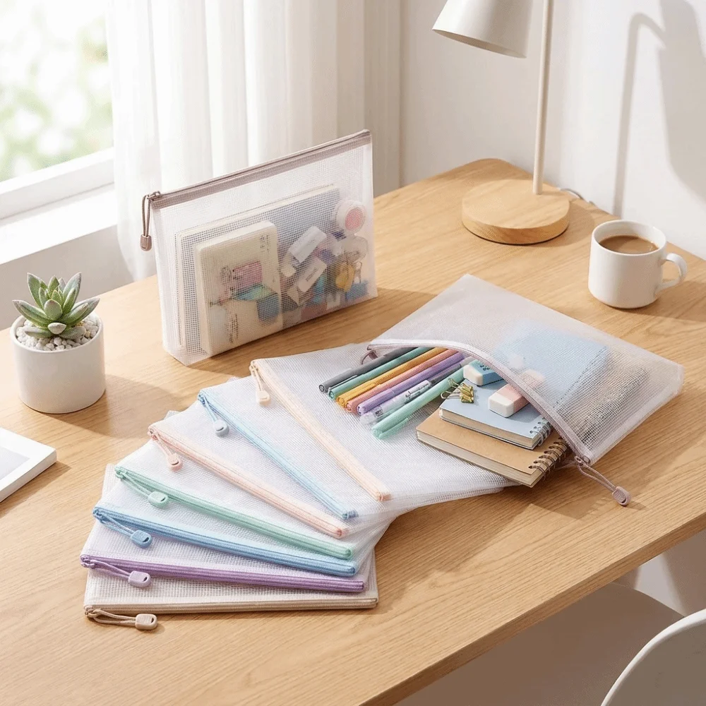 Practical A4 Size Mesh Zipper Bags Waterproof Clear Plastic File Organizer Morandi Color Grid File Pouch Student